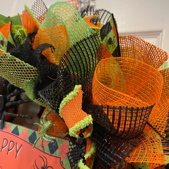 Halloween Wreath Happy Halloween BLK, orange, lime argyle Spider GLITTER wreath - Picture 5 of 7